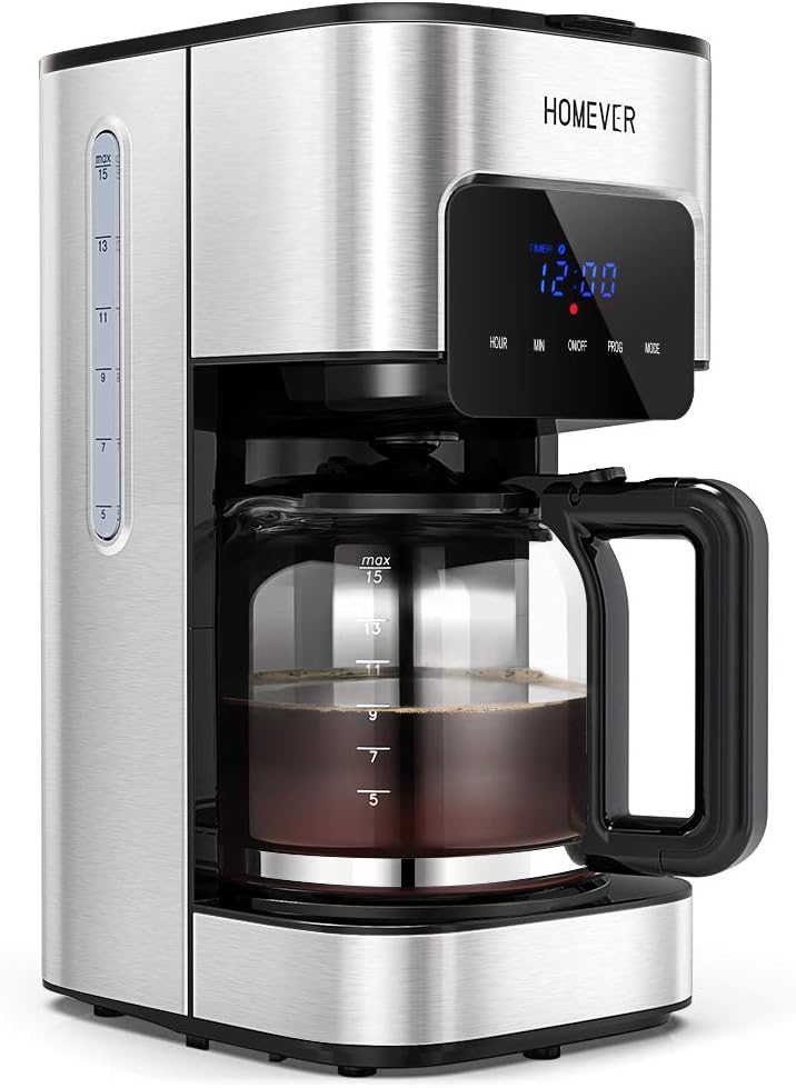 Coffee Machine, HOMEVER 12 Cups Filter Coffee Maker with Coffee Pot, Programmable 24hr Timer Coffee Machine with LCD Display, Silver
