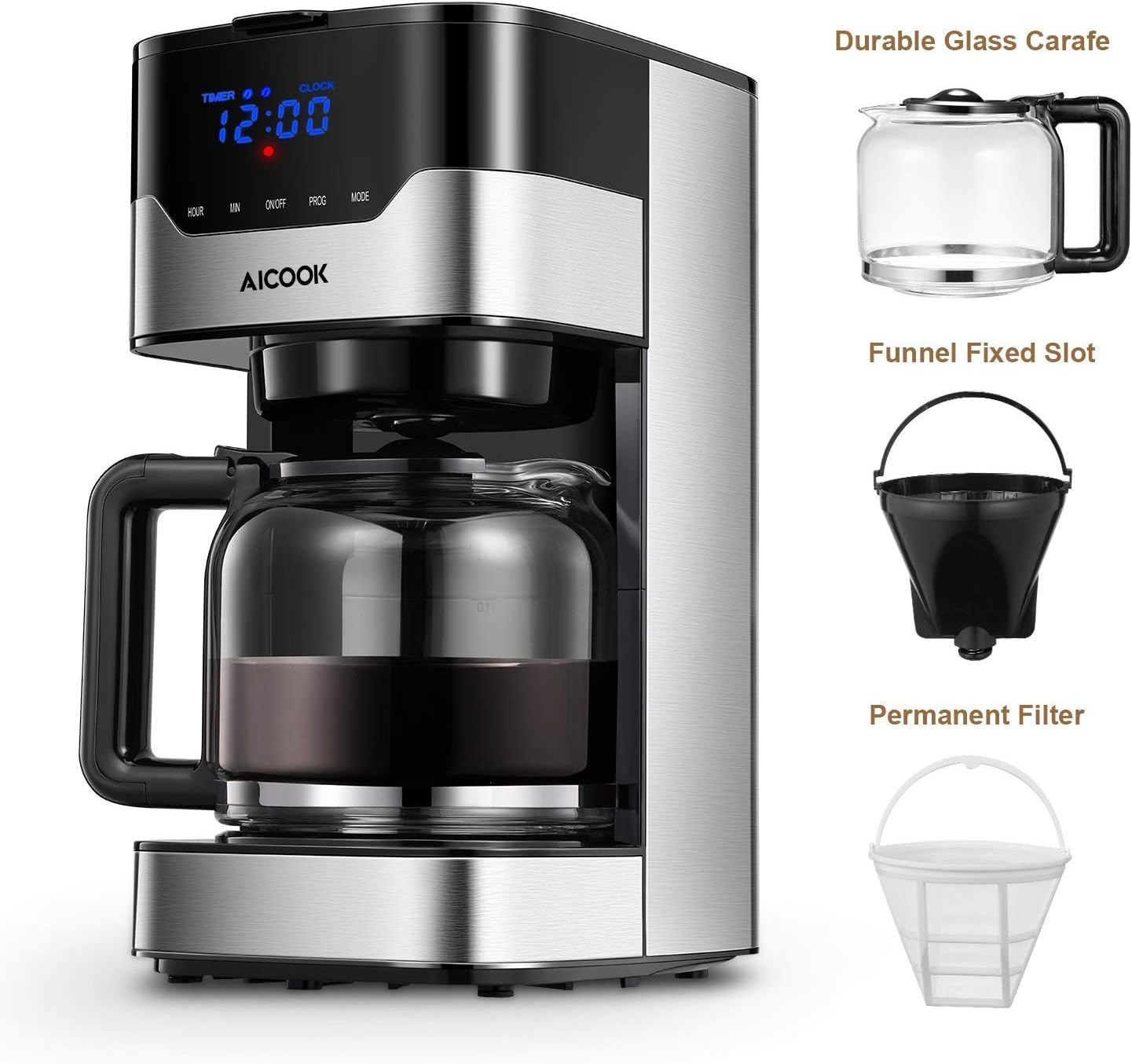 Coffee Maker, Filter Coffee Machine, Aicook 12 Cup Programmable Coffee Maker with Timer, Carafe, Anti-Drip System, Permanent Reusable Filter, Black and Silver.