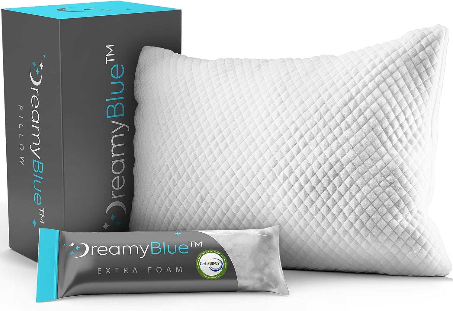 DreamyBlue Premium Pillow for Sleeping - Shredded Memory Foam Fill [Adjustable Loft] Washable Cover from Bamboo Derived Rayon - for Side, Back, Stomach