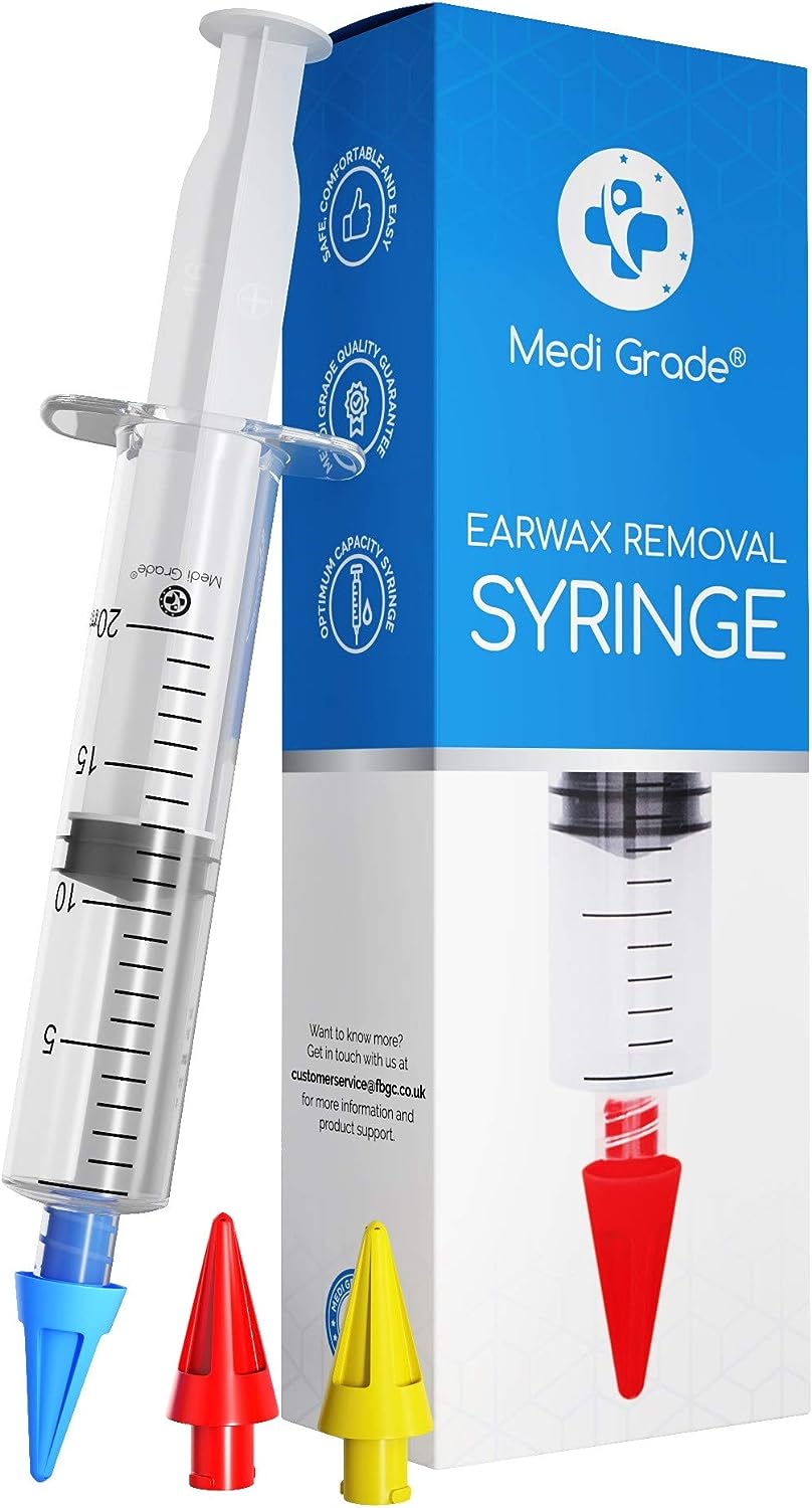 Ear Wax Remover Syringe Kit - 3 x Soft Quad-Stream Ear Wax Removal Tips - Reusable Ear Cleaner by Medi Grade - Improves Hearing and Ear Health Naturally - Ear Syringe Kit for Professional Home Use