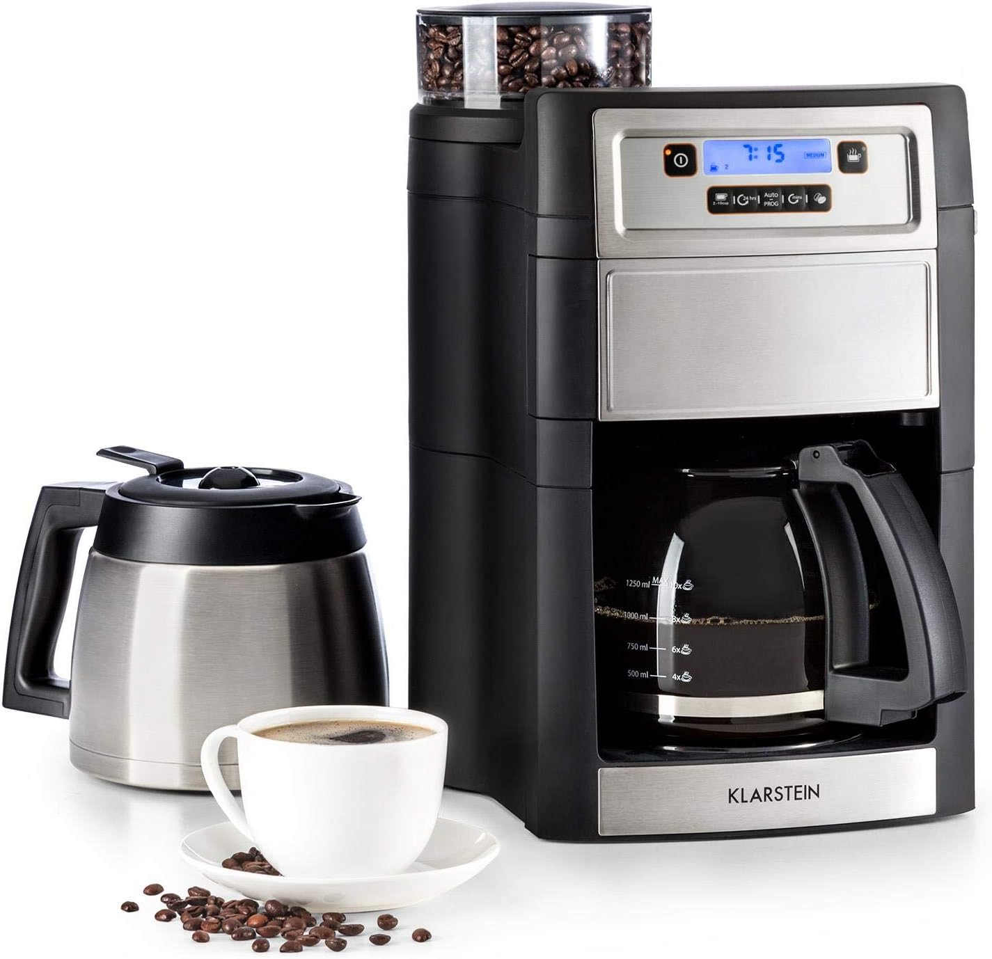 Klarstein Aromatica II Duo Coffee Machine w/Cone Gear Grinder - Filter Coffee Machine, 1000W, 1.25L Jug, 1.25L Thermos, Timer, Permanent Activated Carbon Filter, Silver
