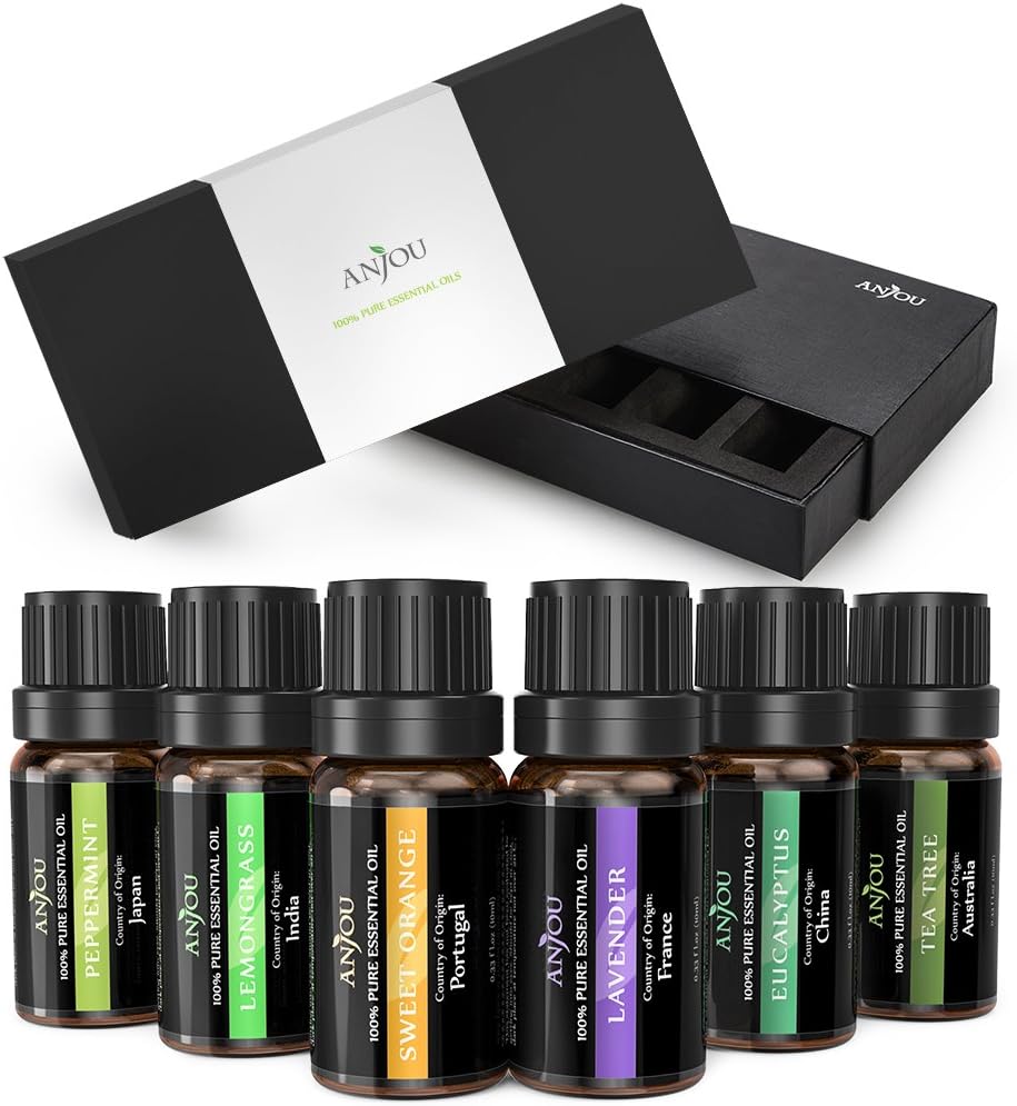 Anjou Therapeutic Grade Aromatherapy Essential Oils Set, 100 Percent Pure, 6 Pack, 10ml - Lavender, Tea Tree, Eucalyptus, Lemongrass, Orange, Peppermint