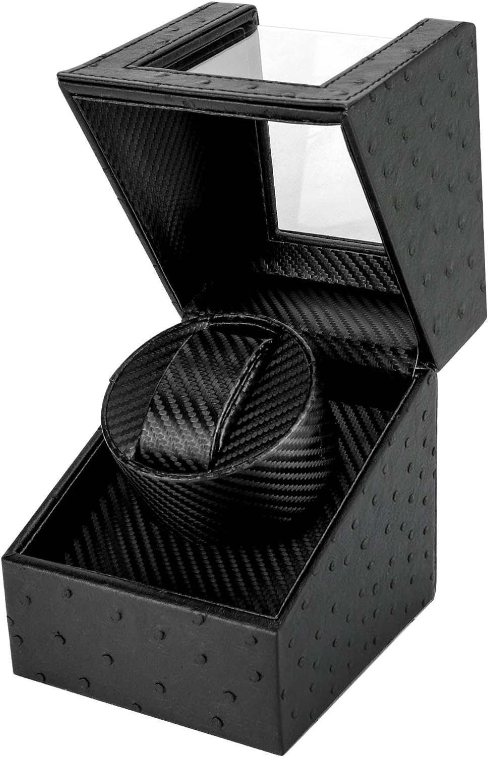 Automatic Watch Winder Box, Gifort Single Watch Winder Carbon Fibre Leather Watch Case with Quiet Motor, Battery Powered or AC Adapter - Ostrich Grain, Black(UK Plug)