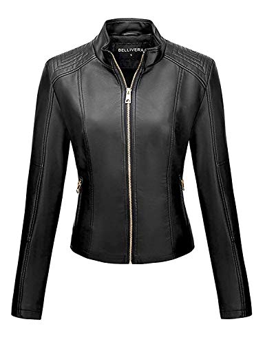 Bellivera Women's PU Leather Jacket(3 Colors), Biker Jacket with Zip Pockets, Vintage Short Coat for Autumn, Spring