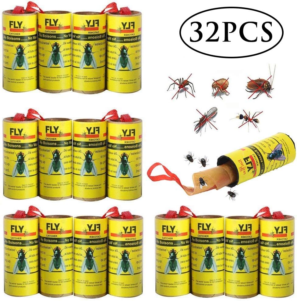 BESTZY 32PCS Fly Paper Strips Sticky Fruit Fly Catcher Trap Insect Glue Trap for House Indoor Outdoor Use