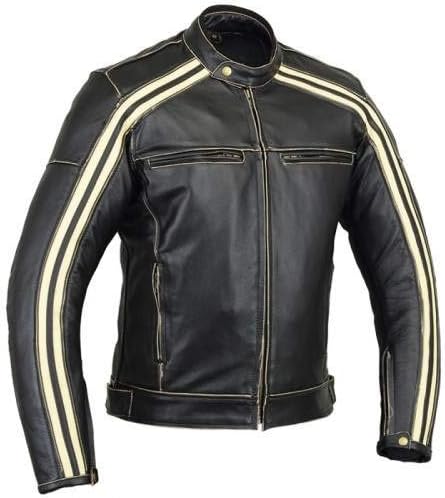 Bikers Gear Australia Classic Retro Style 'The Bonnie' Cowhide Leather Motorcycle Jacket with CE1621-1 Removable Armour - Ivory stripe 2XL