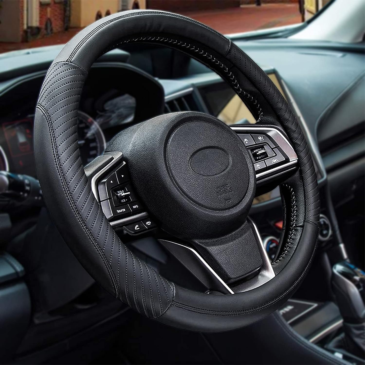 Car Steering Wheel Cover Leather - Soft Microfiber Steering Wheel Cover Universal Size M 37-38cm /14.5-15inch, Anti-slip, Breathable, Black