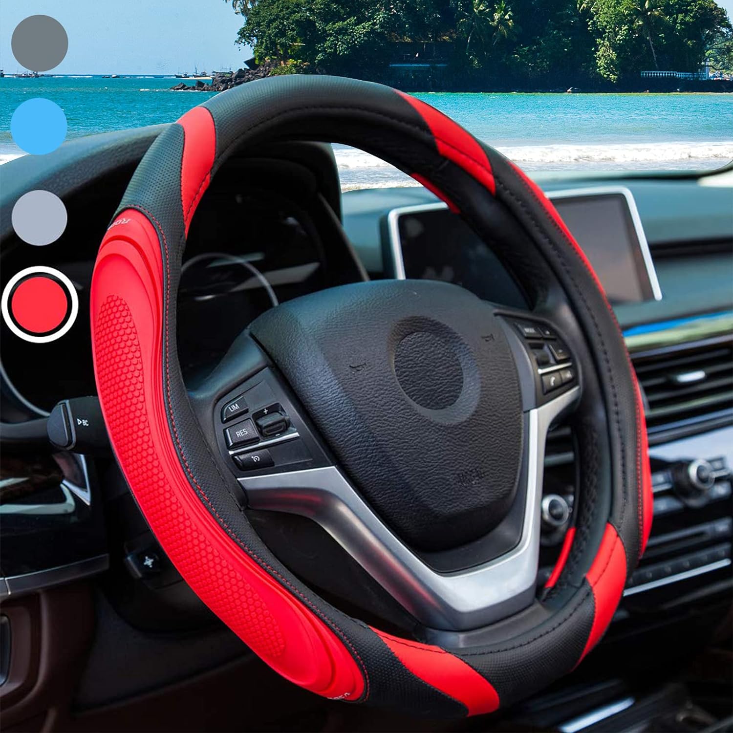 Car Steering Wheel Cover - Sportage Leather Steering Wheel Cover Universal Size M 37-38cm /14.5-15inch, Anti-slip, Breathable, Red