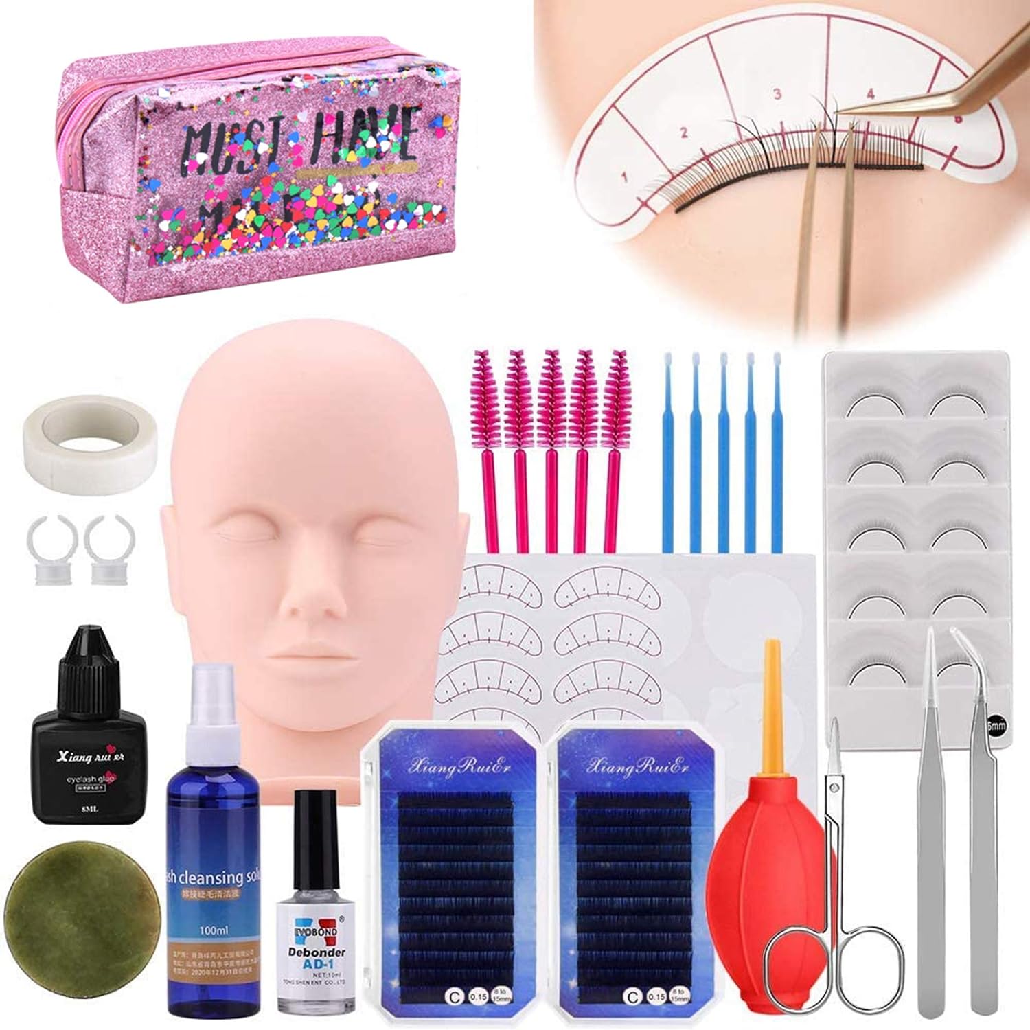 Eyelash Extension Training Mannequin Head Set, [Upgraded] MYSWEETY Makeup Practice Kit with Manikin Cosmetology Artist Doll Head, False Eye Lashes Grafting with Glue