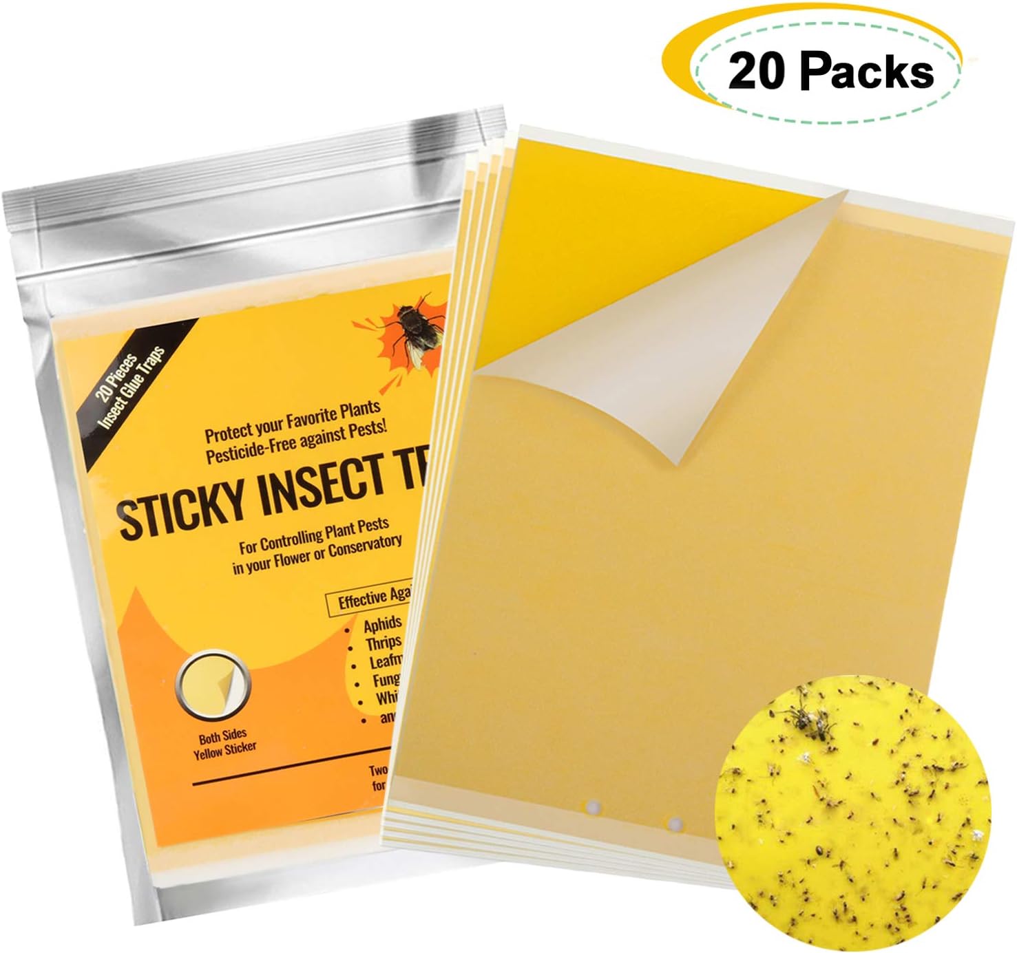 Karvipark 20 Packs Fly Trap, Dual Sided Yellow Sticky Traps, Plant Flycatchers for against Flying Plant Insect, Fungus Gnats, Whiteflies, Aphids, Leafminers