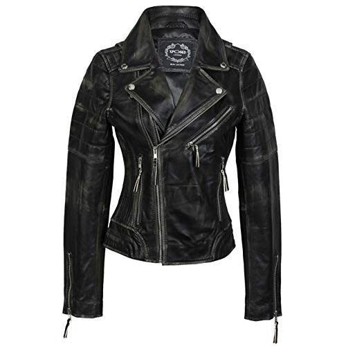 Ladies Real Leather Biker Jacket Black Vintage Style Rub Off Effect Retro Slim Fit