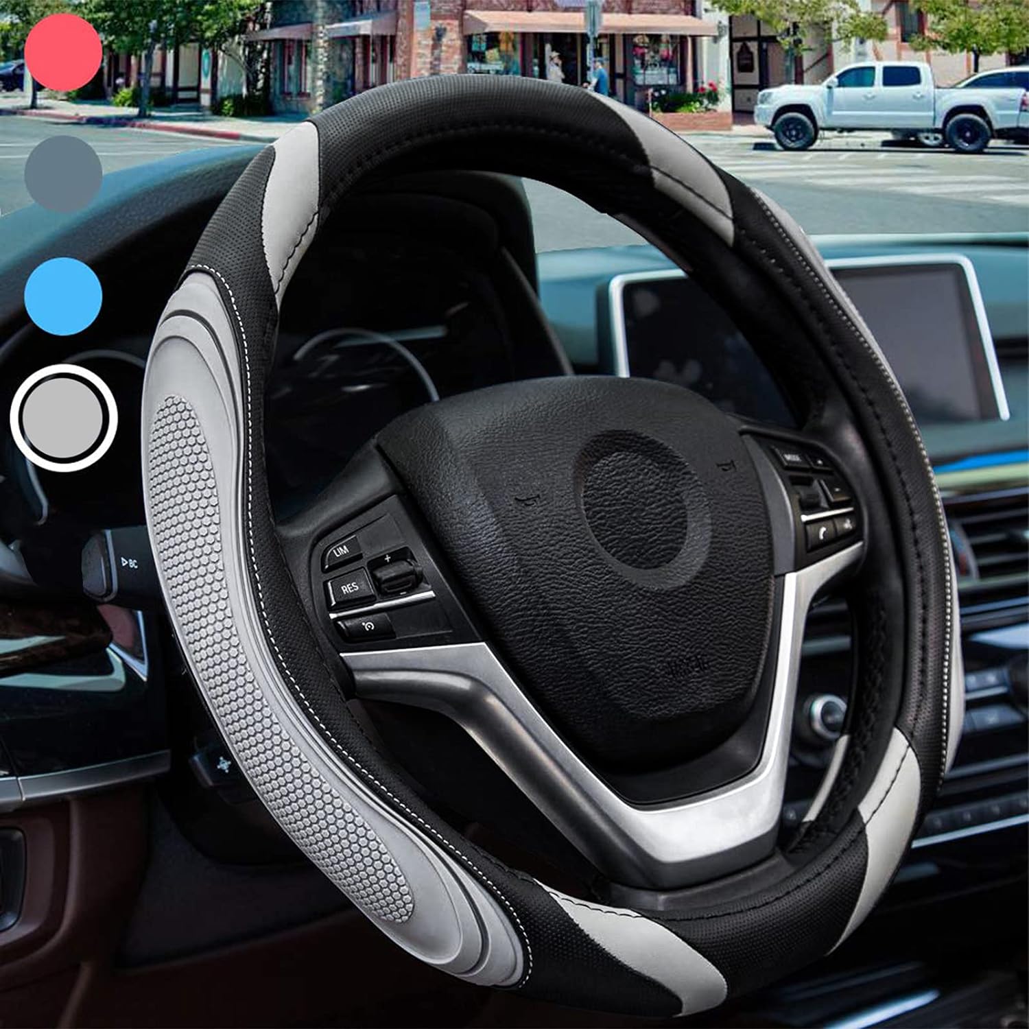 Steering Wheel Cover - Car Wheel Cover Leather, Sportage Universal Size M 37-38cm /14.5-15inch, Anti-slip, Breathable, Grey