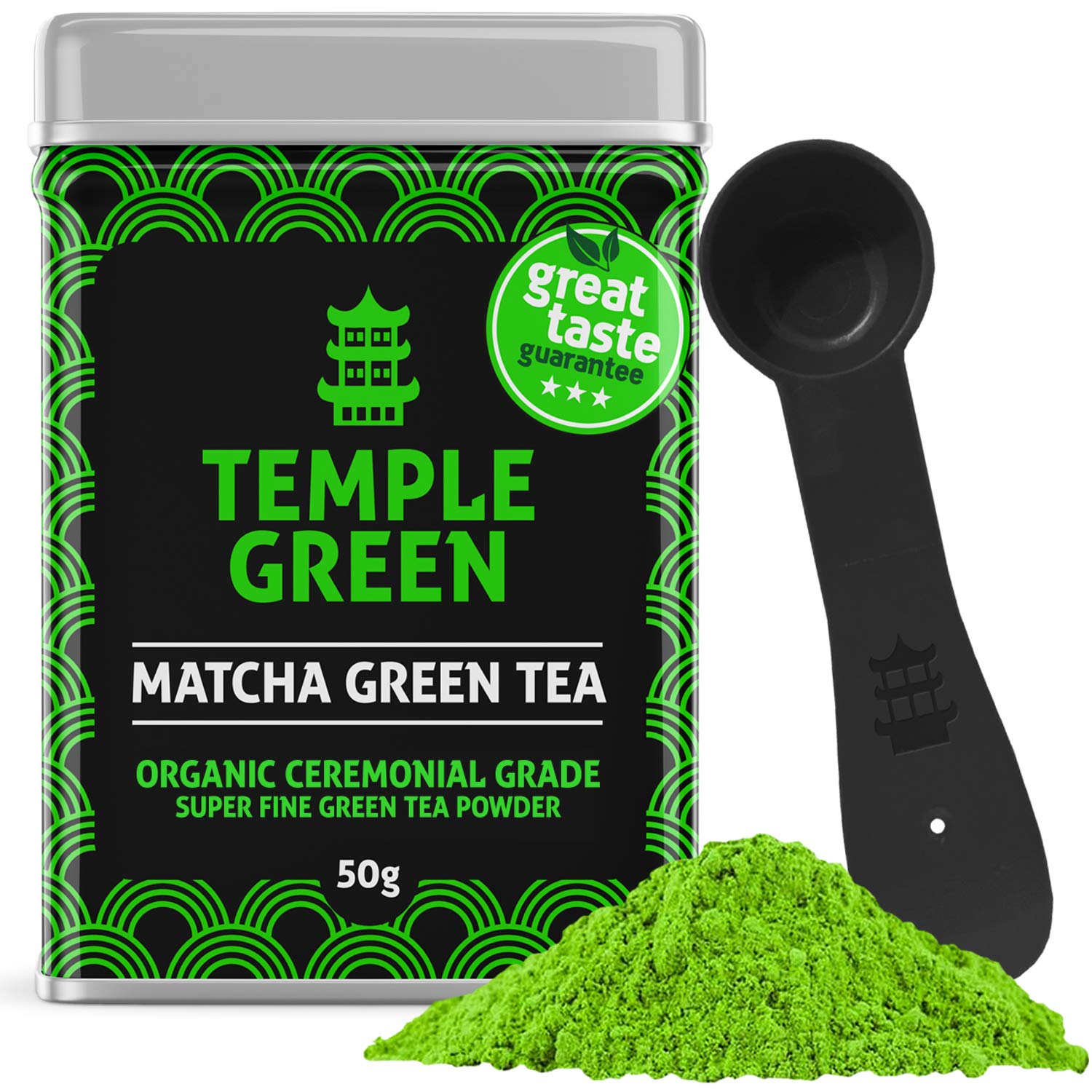 Temple Green Matcha Green Tea - Genuine Ceremonial Japanese Powder for Mood Energy Focus - All Organic Stone-Ground Ingredients for Health, Skin & Metabolism - Easy Mix Great Taste 50g Spoon & Guide