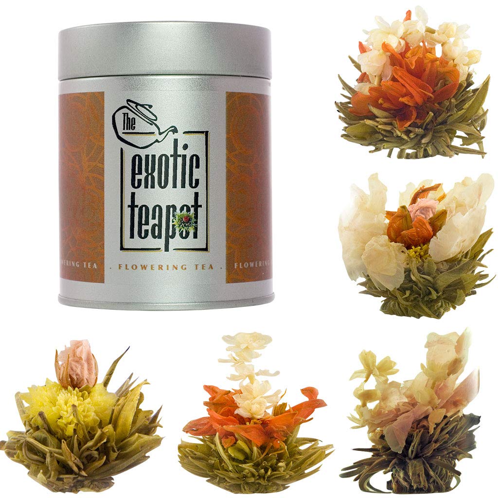 The Exotic Teapot - Flowering Tea Sampler Tin, 5 Different Varieties of Blooming Tea, Vacuum Sealed Tea Balls, Jasmine Tea Flowers