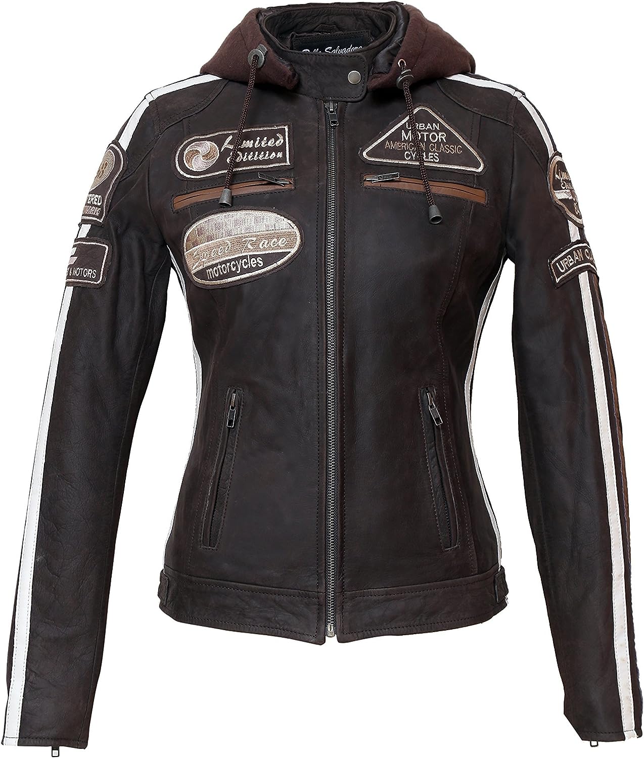 Urban Leather Women's Motorcycle Jacket with Protective Padding, Brown, S/38