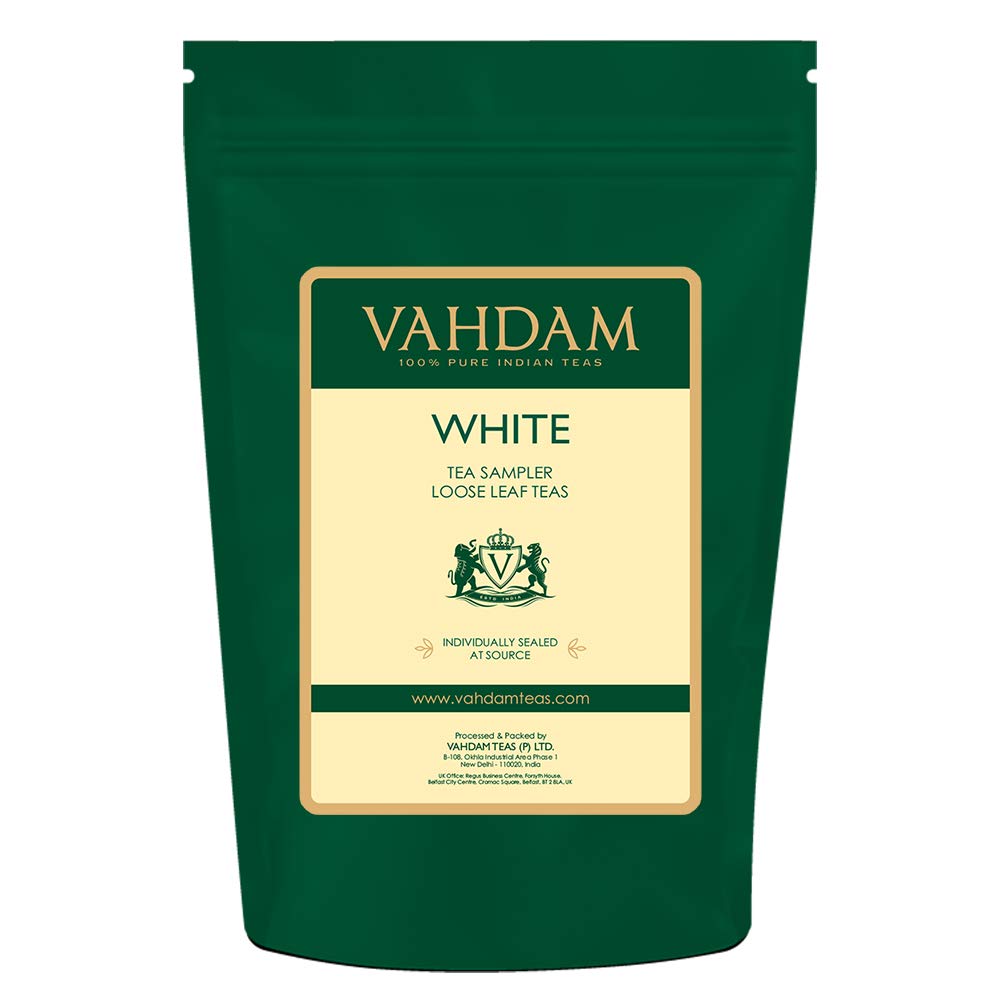 VAHDAM, White Tea Loose Leaf Sampler | 5 TEAS - Himalaya White Tea, Silver Needle White Tea, Blue Mountain White Tea, Pearl Darjeeling White Tea Leaves - WORLD'S HEALTHIEST TEA | (25 Cups, 50g)