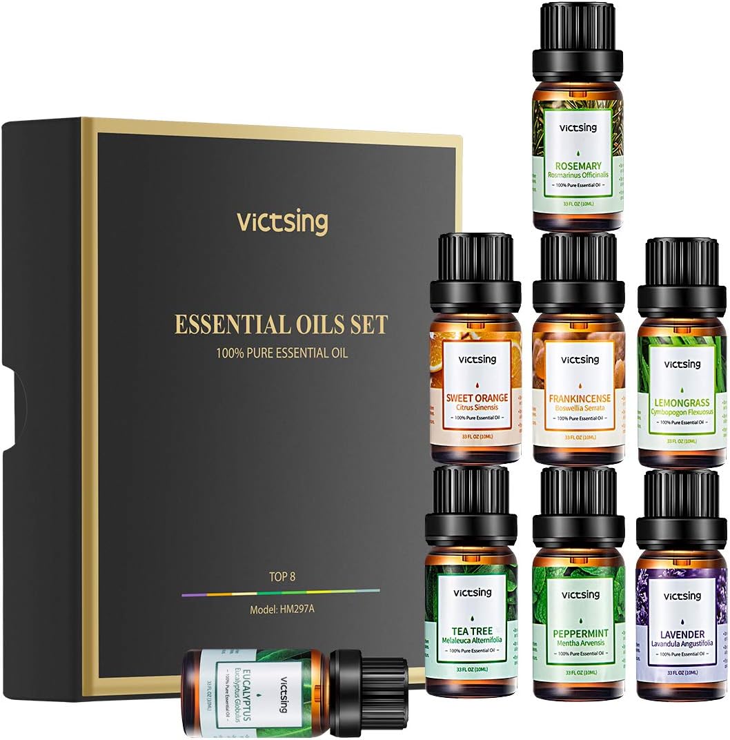VicTsing Essential Oils Gift Set for Aromatherapy (8 x 10ml), 100% Pure Scented Oils for Oil Diffusers- Lavender, Lemongrass, Tea Tree, Sweet Orange, Eucalyptus, Peppermint, Rosemary, Frankincense