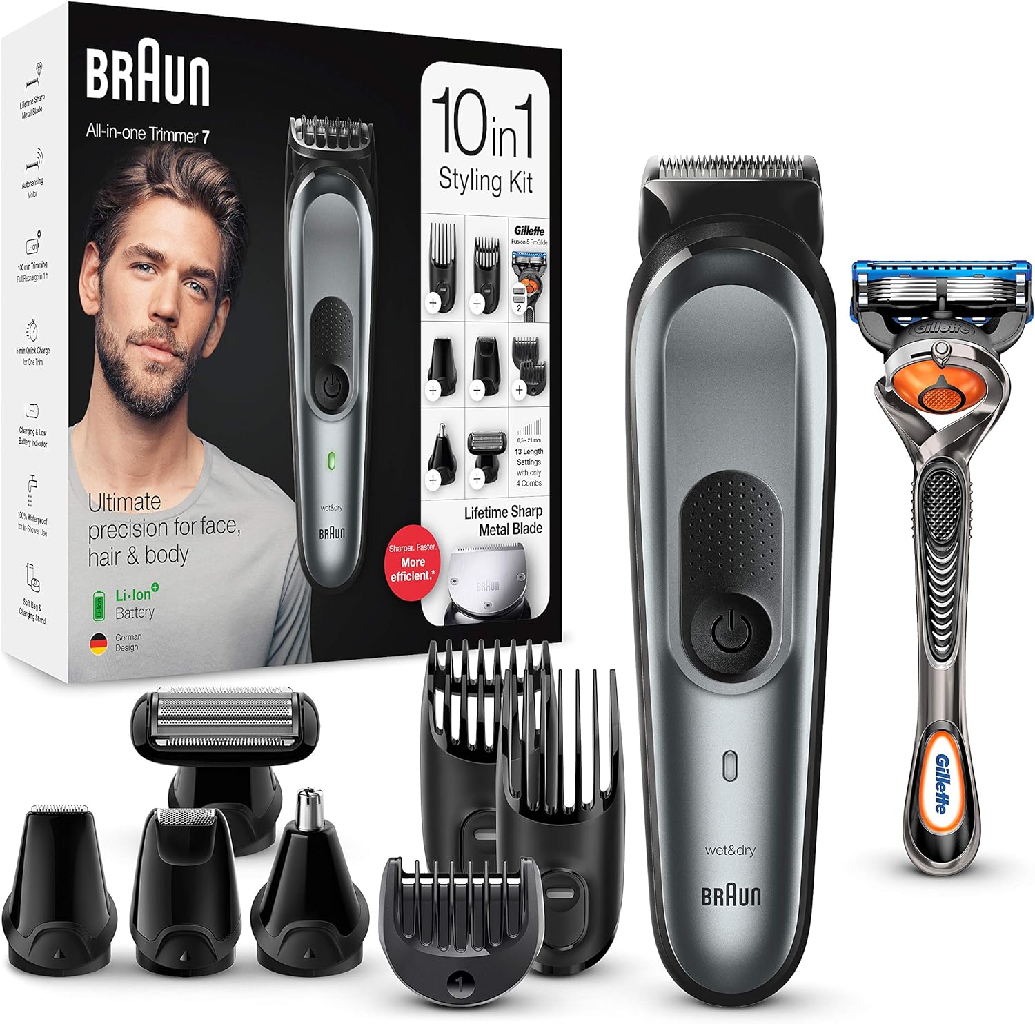 Braun 10-in-1 Beard Trimmer, With Hair & Nose Trimmer & Gillette Razor, For Face & Hair Trimming, Body Grooming & Clean Shaving, Gifts For Men, 2 Pin Bathroom Plug, MGK7221, Dark Grey Razor