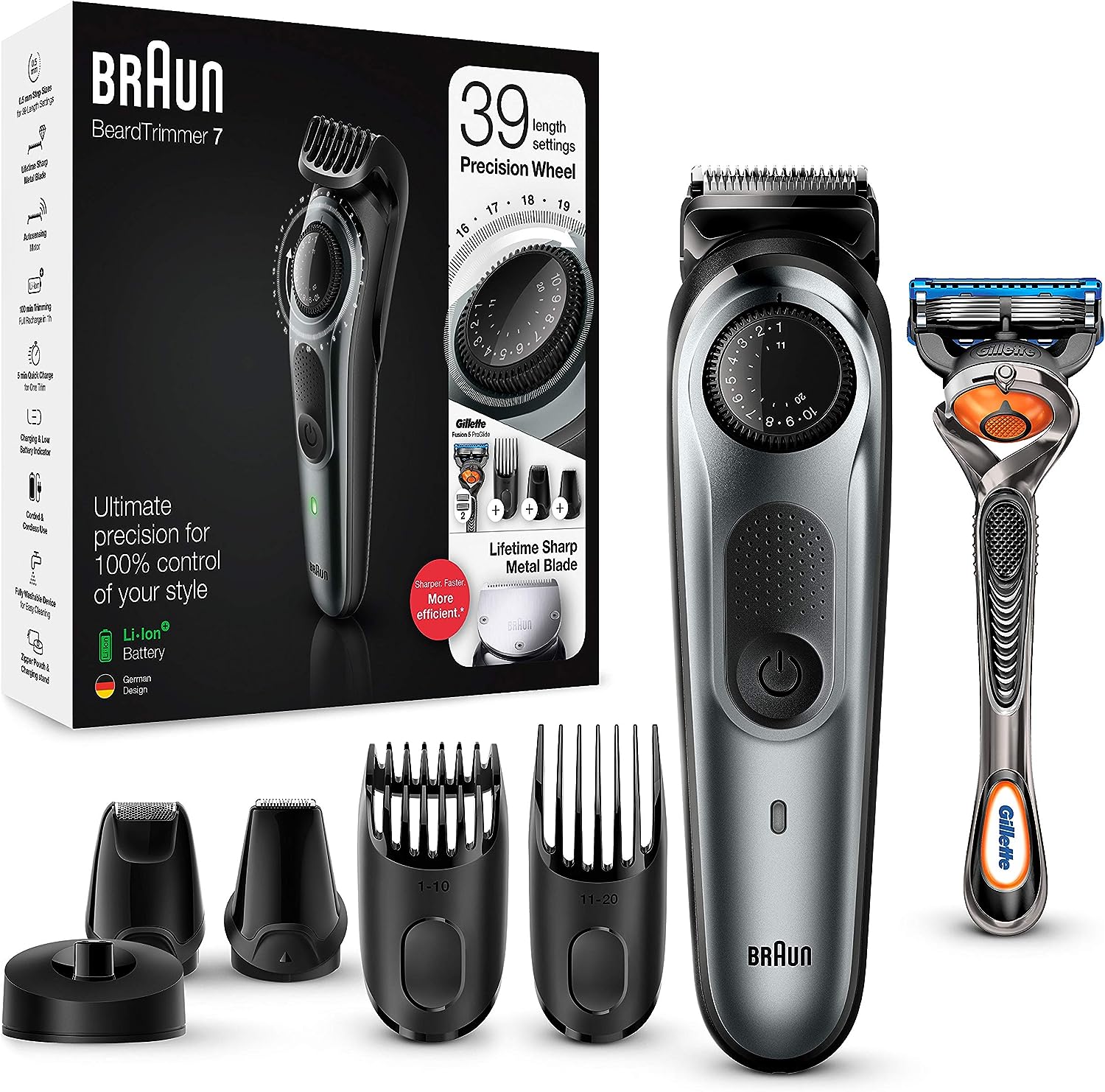 Braun Beard Trimmer and Hair Clippers with Gillette Fusion5 ProGlide Razor, 39 Length Settings, Gifts For Men, UK 2 Pin Plug, BT7240, Black/Grey
