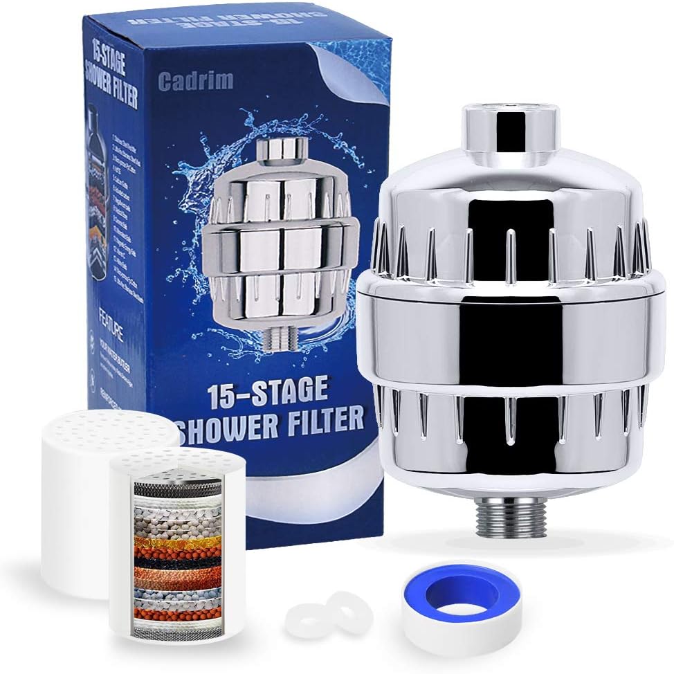 Cadrim Shower Filter, Chrome 15 Stage Universal Replaceable Shower Head Water Purifier with 2 Filter Cartridges and 1 Teflon Tape