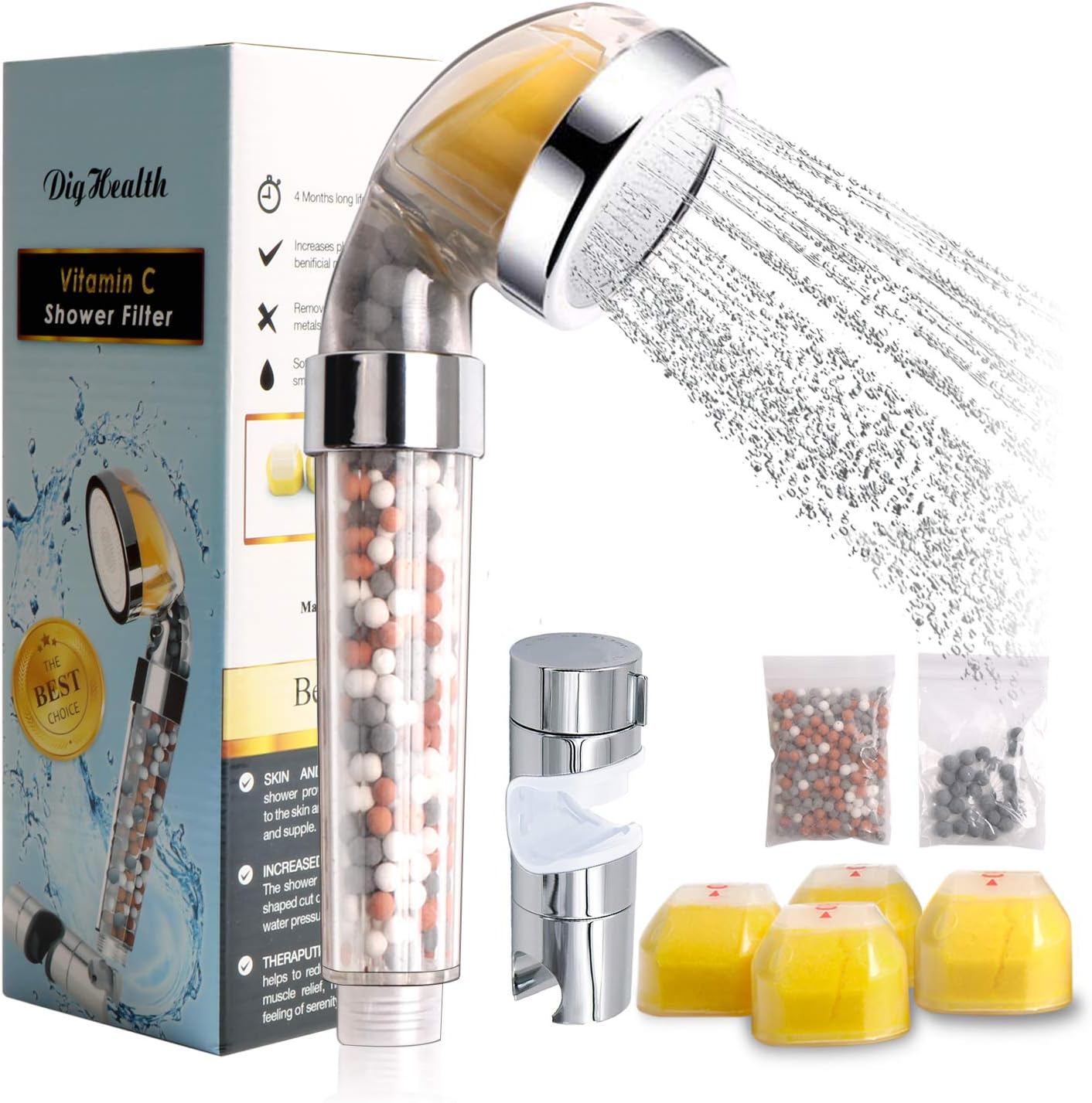 DigHealth Ionic Shower Head with Vitamin C, Shower Filter for Soften Hard Water, Increases Pressure While Saving Water, Easy Installation, Remove Chlorine & Flouride & Calcium for Dry Skin & Hair
