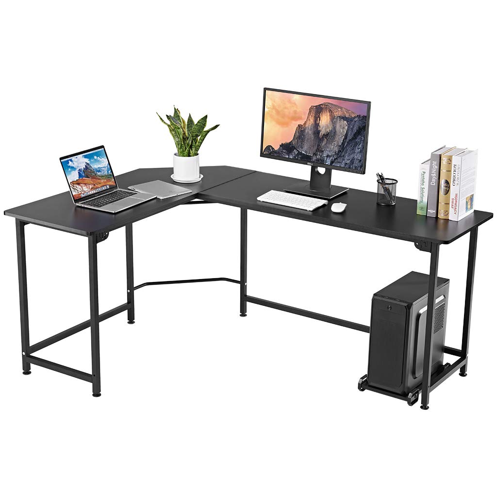 LANGRIA L-Shaped Wood and Metal Computer Desk with CPU Stand, Large Corner Workstation Table with Thick and Sturdy Tabletop and Leveling Feet, Max Load 132 lbs, for Home and Office Use (Black)