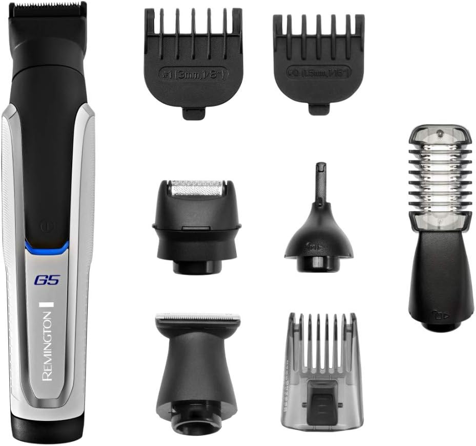 Remington Graphite G5 Mens Electric Trimmer, All-in-One Male Grooming Kit for Beard, Body and Nose Hair, PG5000, Black & White