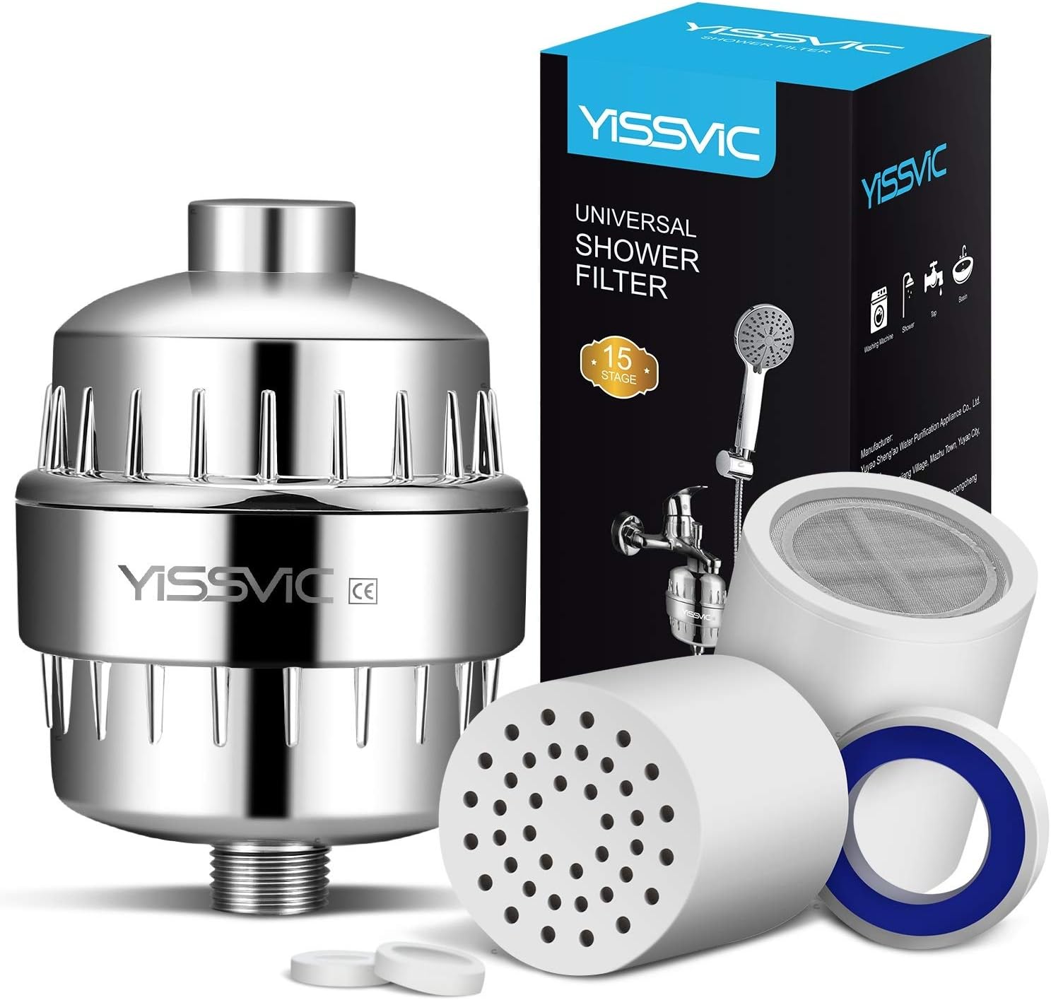 YISSVIC Shower Filter Showerhead Filter 15-Stage Shower Water Filter with 2 Replaceable Cartridges Remove Chlorine Heavy Metal Suitable for Universal Shower Head
