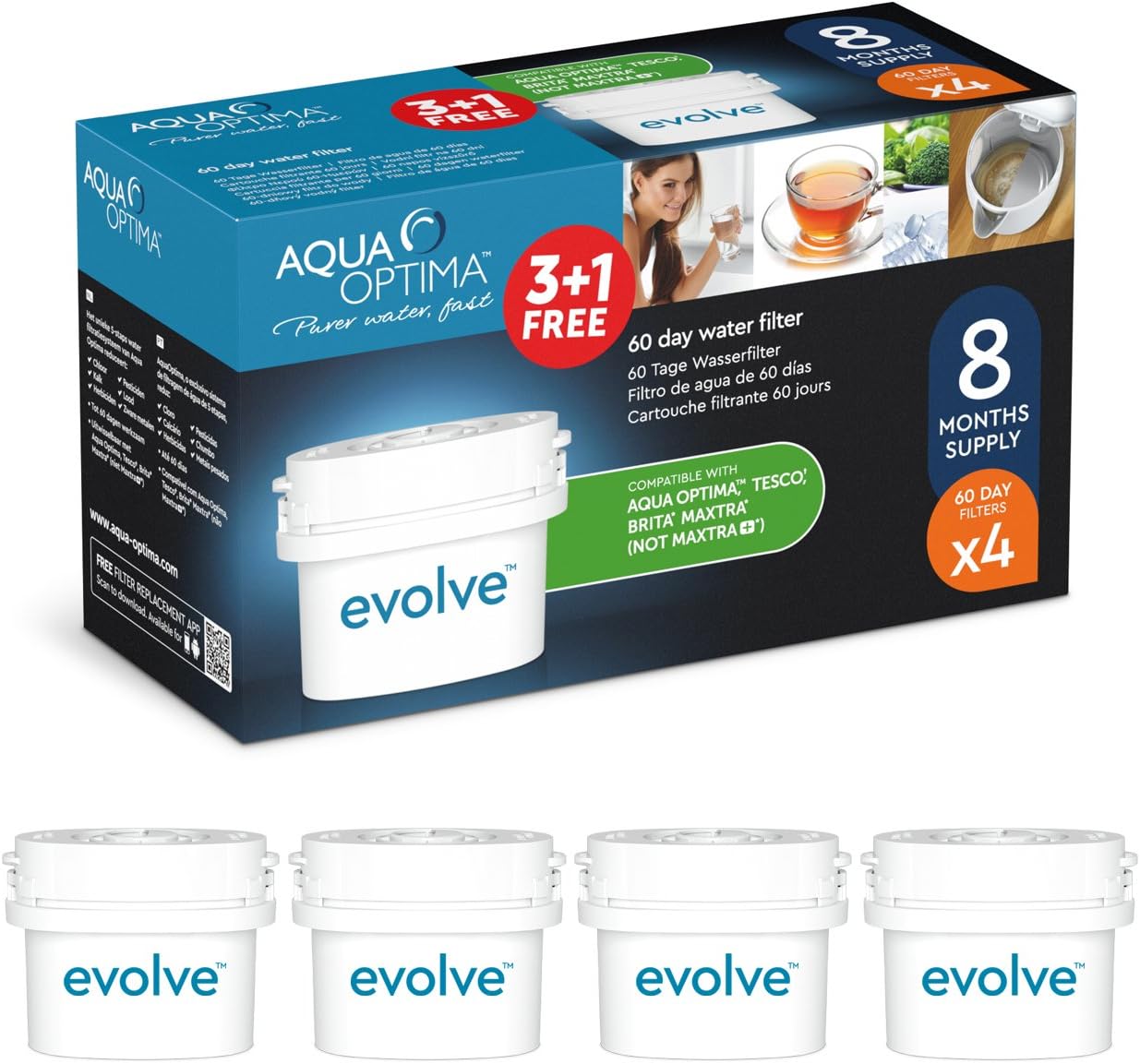 Aqua Optima Evolve 8 month pack, 4 x 60 day water filters - Fit BRITA* Maxtra* (not Maxtra+*) - EVD415