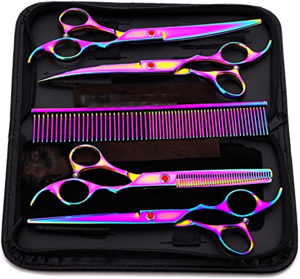Flyproshop Pet Grooming Scissors Set, Professional Pet Trimmer Kit Stainless Steel Dog Cat Hair Care Thinning 7-inch Cutting Scissors, Thinning Shear, Curved Scissors, Grooming Comb