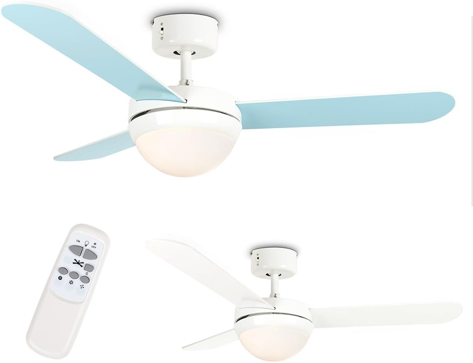 MiniSun 42" / 106cm Modern Duck Egg Blue/Cream Reversible Blade Ceiling Fan with Frosted Opal Shade - with Remote Control