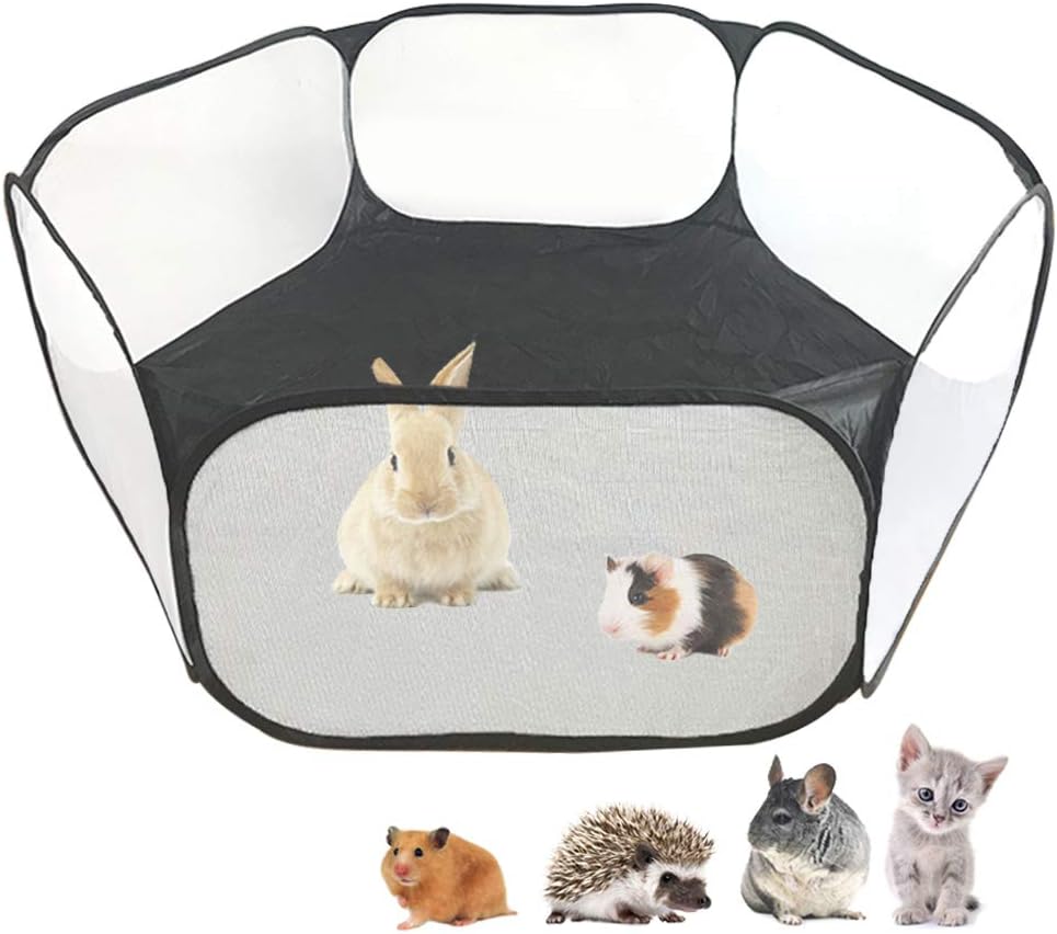 Small Animals C&C Cage Tent, Breathable & Transparent Pet Playpen Pop Open Outdoor/Indoor Exercise Fence, Portable Yard Fence for Guinea Pig, Rabbits, Hamster, Chinchillas and Hedgehogs (Black)