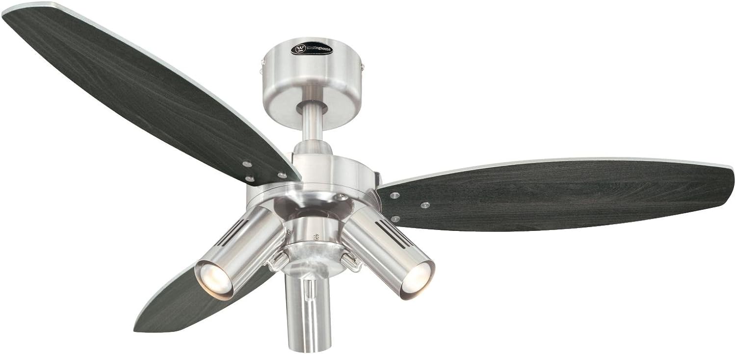 Westinghouse Lighting 72290 Jet Plus 105 cm Three Indoor Ceiling Fan, Spot Lights, Brushed Nickel Finish with Reversible wengue/Silver Blades