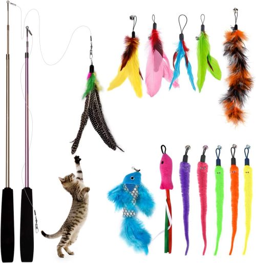 3. Bojafa Cat Toys for Indoor Cats Adult: Interactive Kitten Feather Wand Toys - 15Pcs Cat Teaser Toys